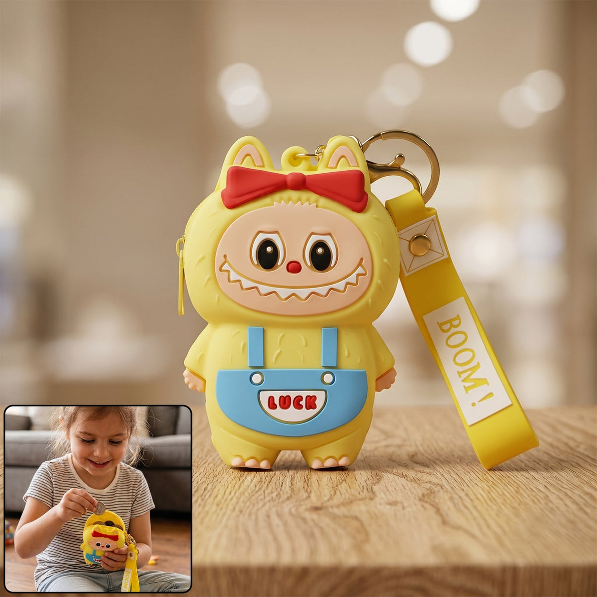 Yellow cartoon monster silicone coin purse with keychain strap