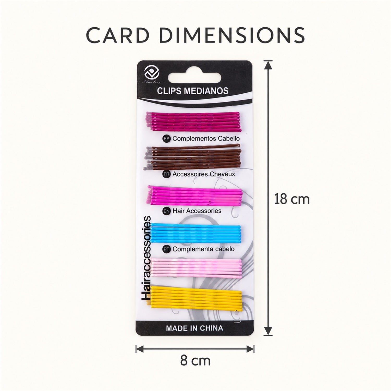 A package of colorful bobby pins with dimensions indicated, showing it is 18 cm long and 8 cm wide.