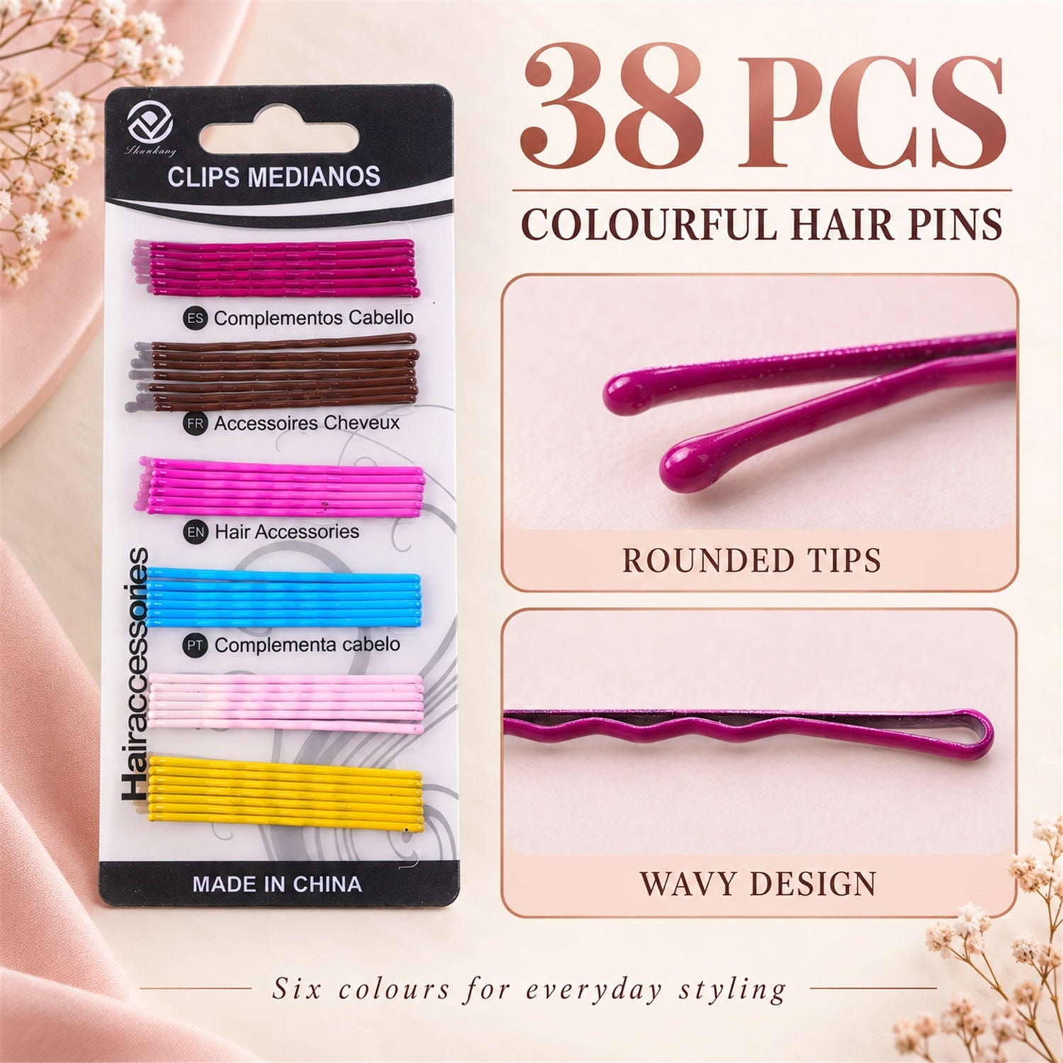 A package of colorful bobby pins is shown alongside magnified details of a purple pin's rounded tip and wavy design.