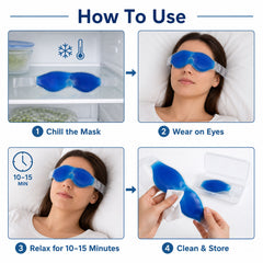 Blue cooling gel eye mask demonstrating use for puffy eyes relief