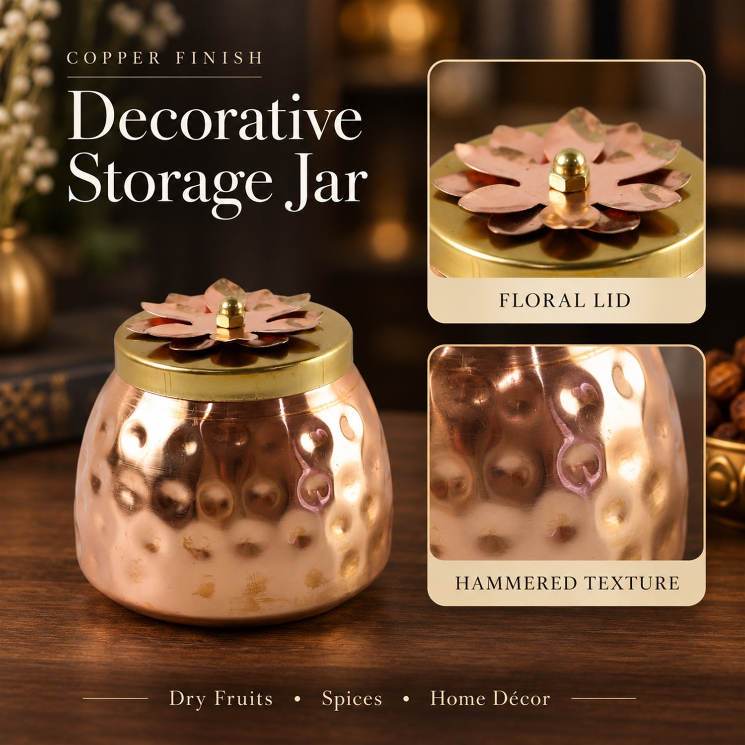 A hammered copper jar with a floral lid is displayed with close-up insets highlighting its hammered texture and the