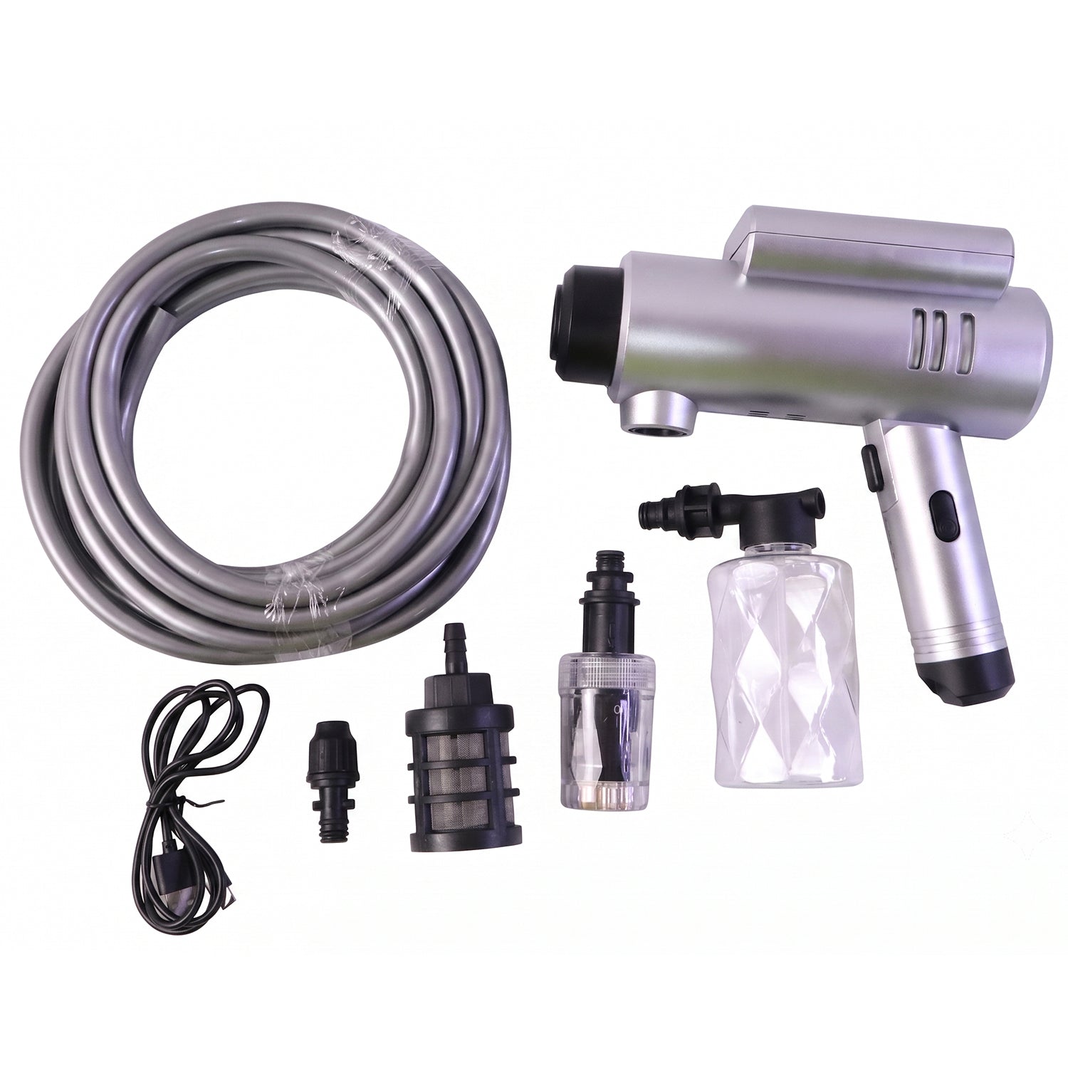 Portable high-pressure car washer with foam wash bottle and multiple nozzles