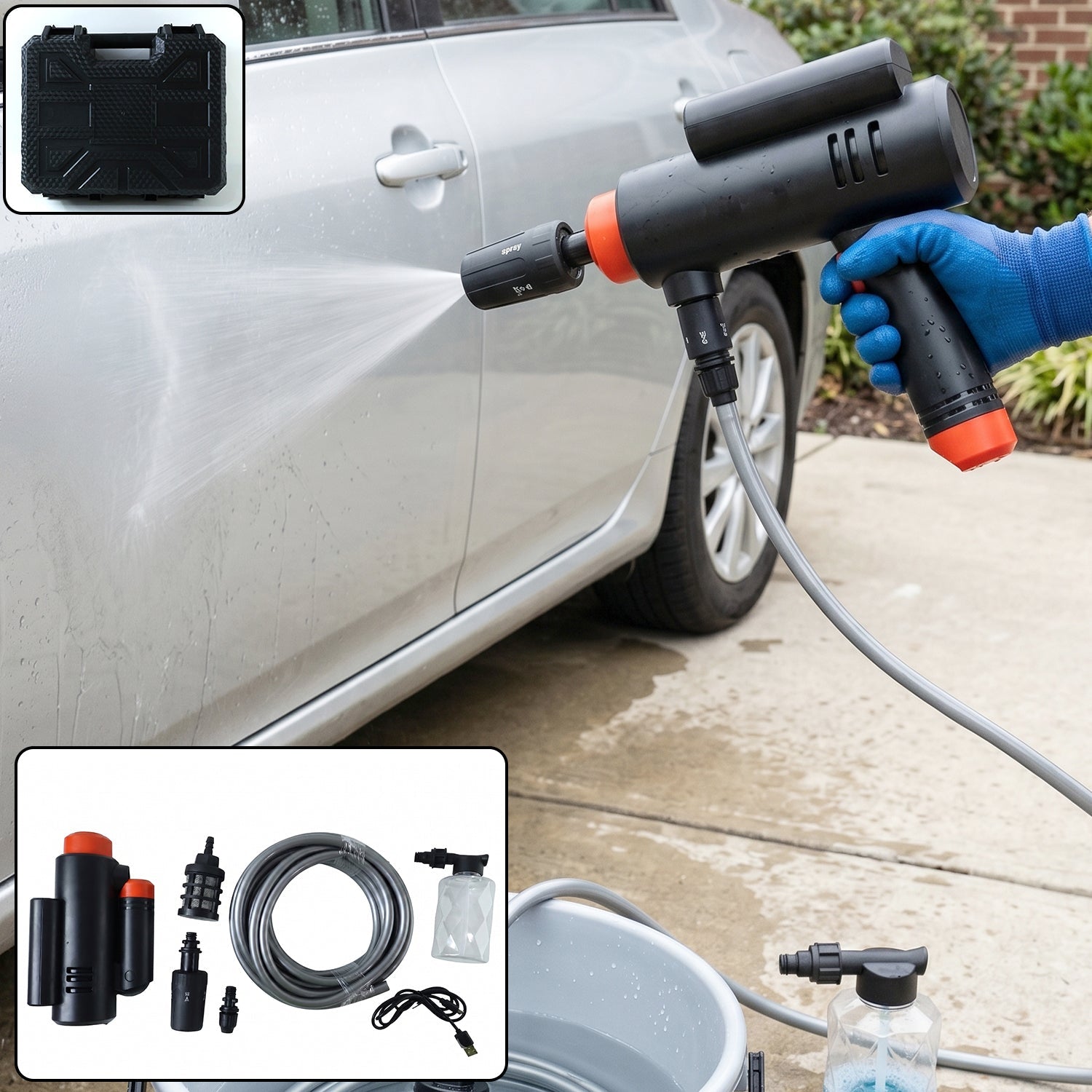 Portable high pressure cordless car washer gun kit with hose and foam for outdoor cleaning.