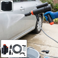 Portable high pressure cordless car washer gun kit with hose and foam for outdoor cleaning.