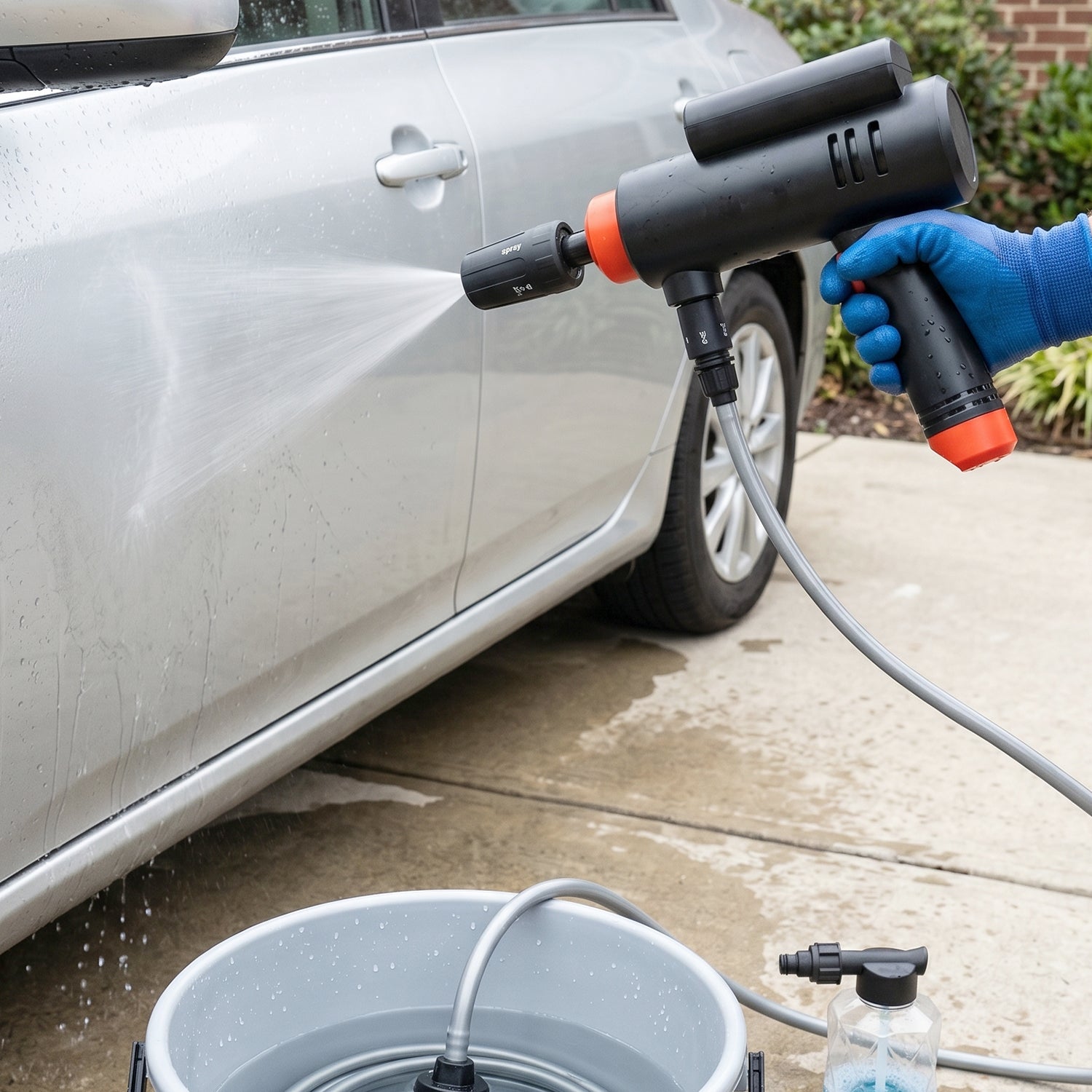 High pressure cordless spray gun for efficient car, bike, and home cleaning.