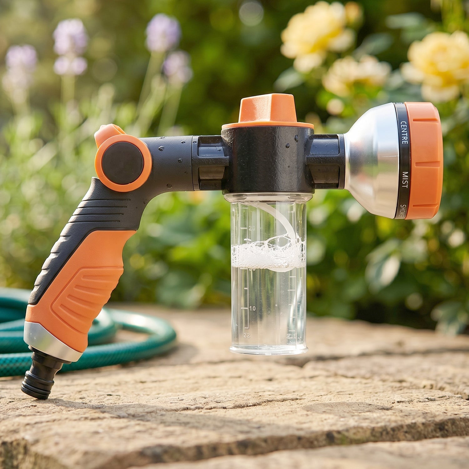High-pressure garden hose spray gun suitable for both watering and washing.