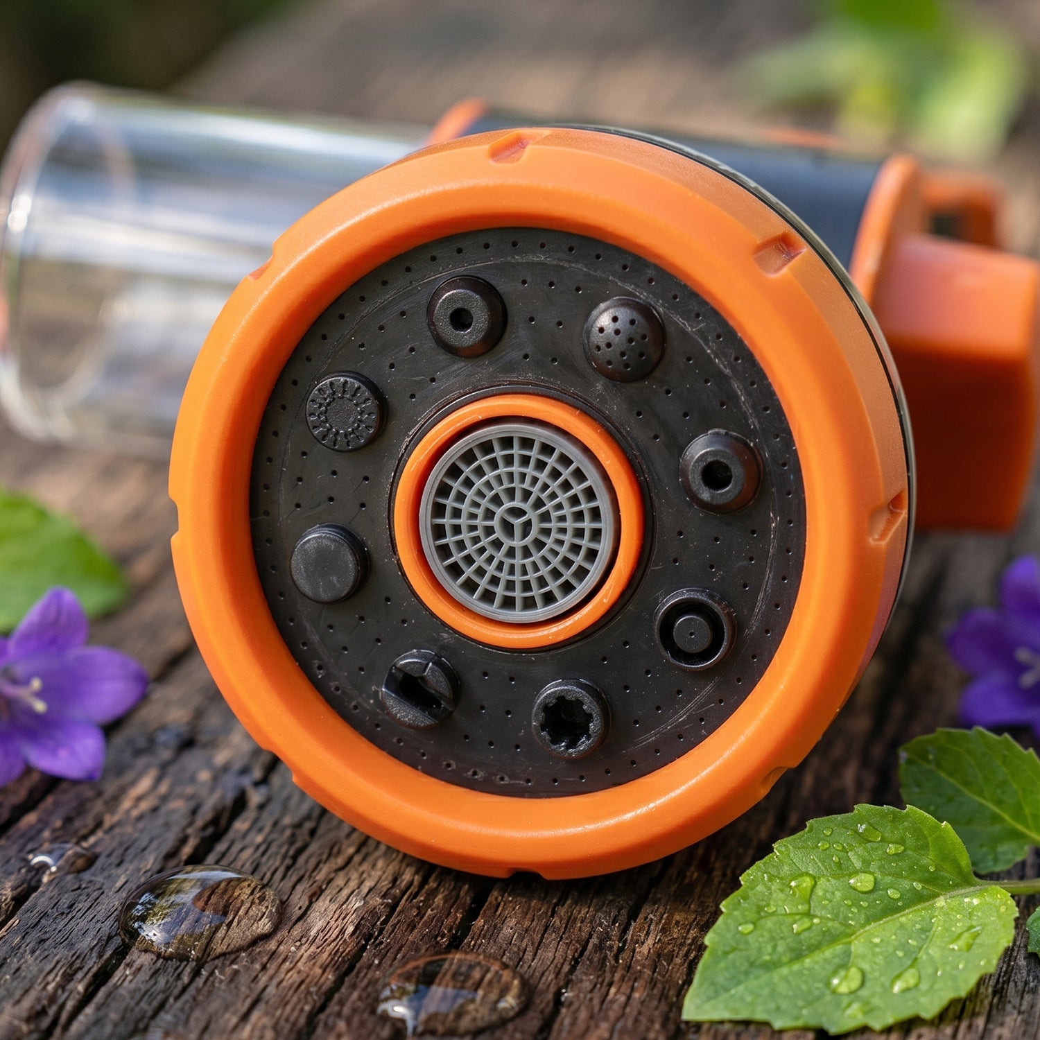 Durable ABS plastic adjustable hose spray nozzle in black and orange.