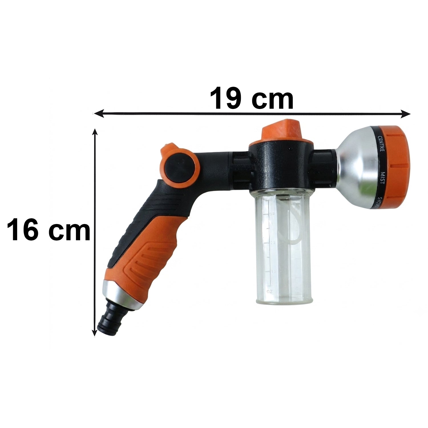 Versatile garden water spray gun with foam option and multiple spray patterns.