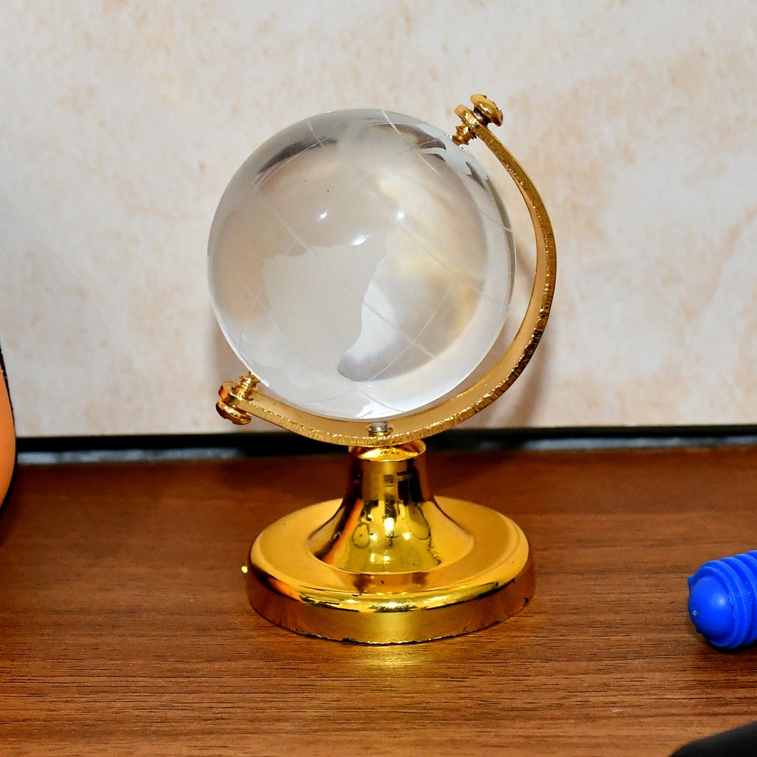 Small Crystal Globe Table Showpiece with Golden Stand (1 Pc)