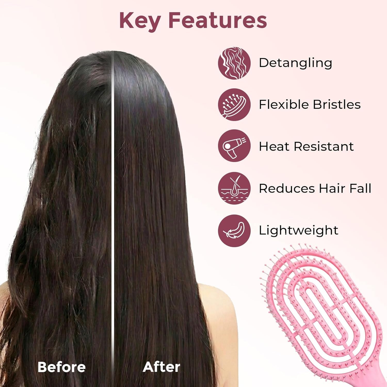 Person using pink curved vented hair brush to style hair