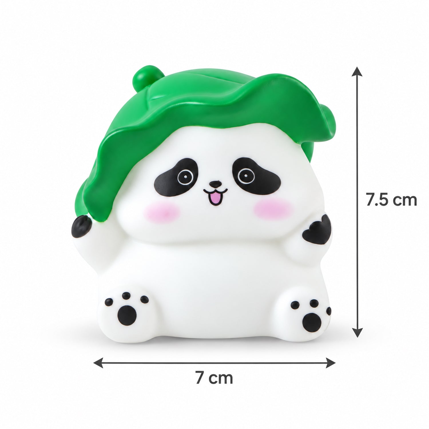 The white panda night light with a green leaf hat is displayed with its dimensions of 7 cm width and 7.5 cm height.