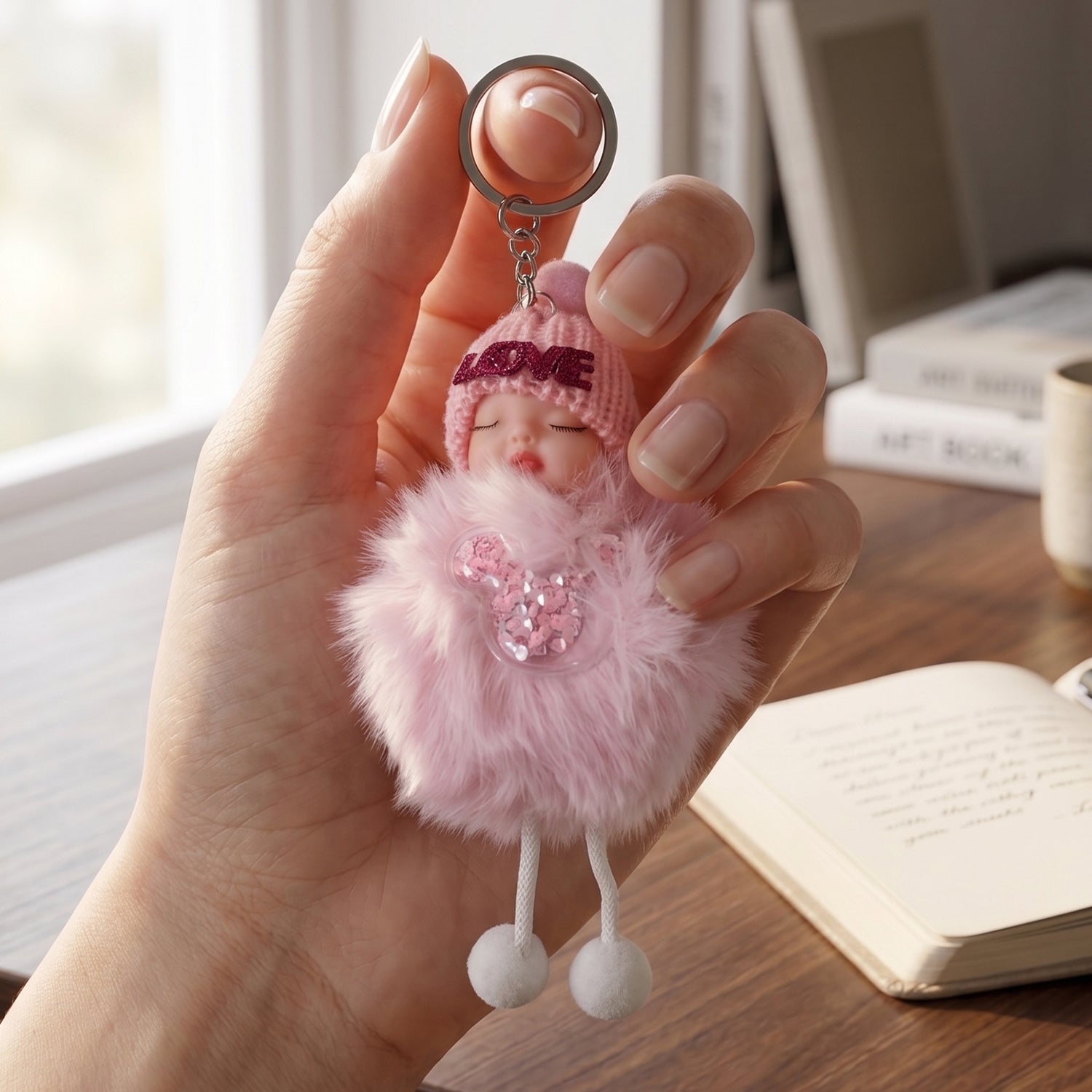 Soft plush doll keychain hanging on a bag zipper