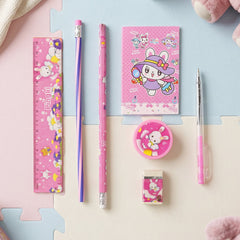 7-In-1 Cute Pink Stationery Set with Ruler, Pencil, Eraser, Pen, Notebook, Sharpener