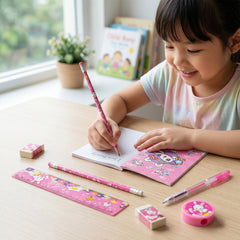 7-In-1 Cute Pink Stationery Set with Ruler, Pencil, Eraser, Pen, Notebook, Sharpener