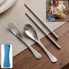 4-in-1 Portable Cutlery Set with Pouch, Steel Spoon Fork and Chopsticks (1 Set)