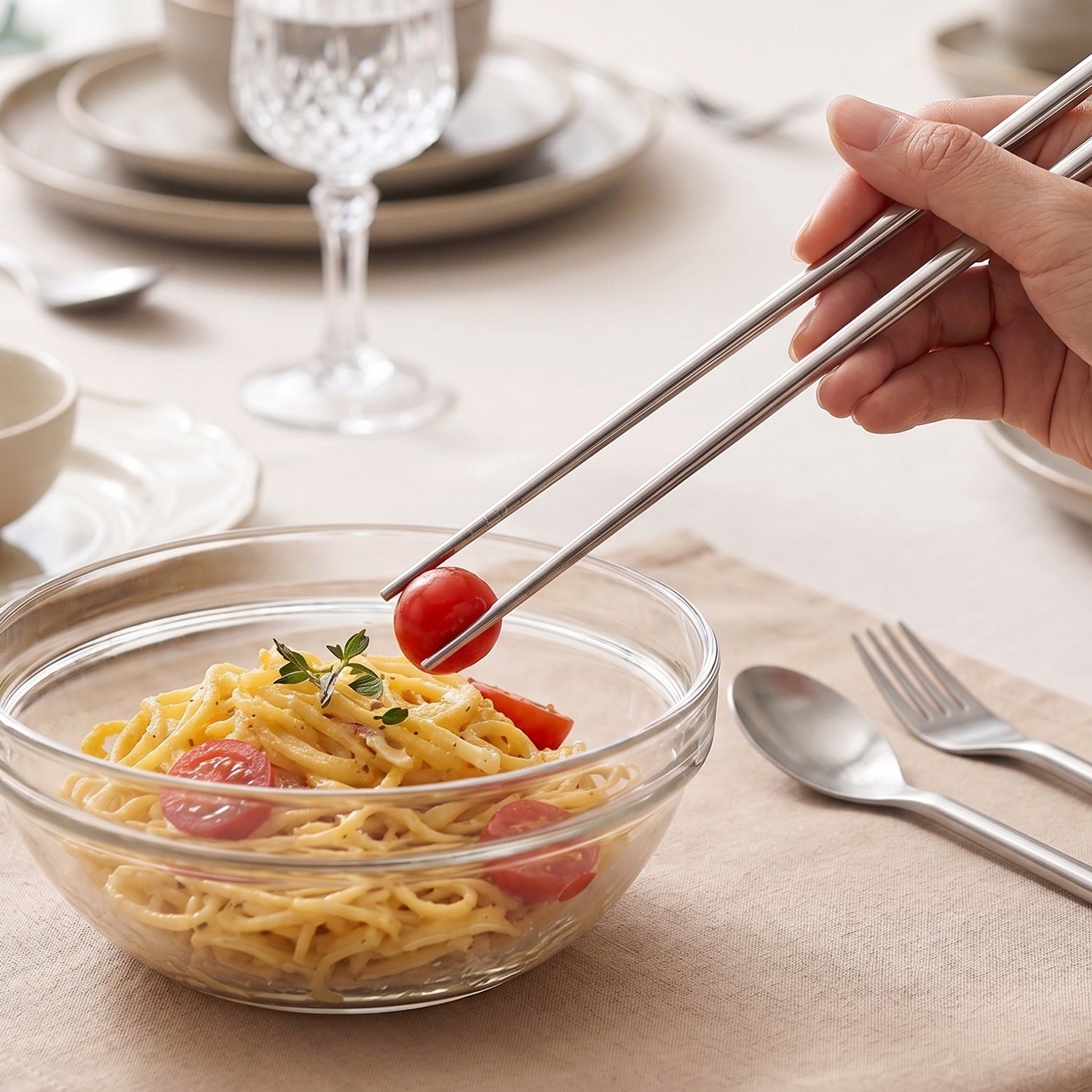 4-in-1 Portable Cutlery Set with Pouch, Steel Spoon Fork and Chopsticks (1 Set)
