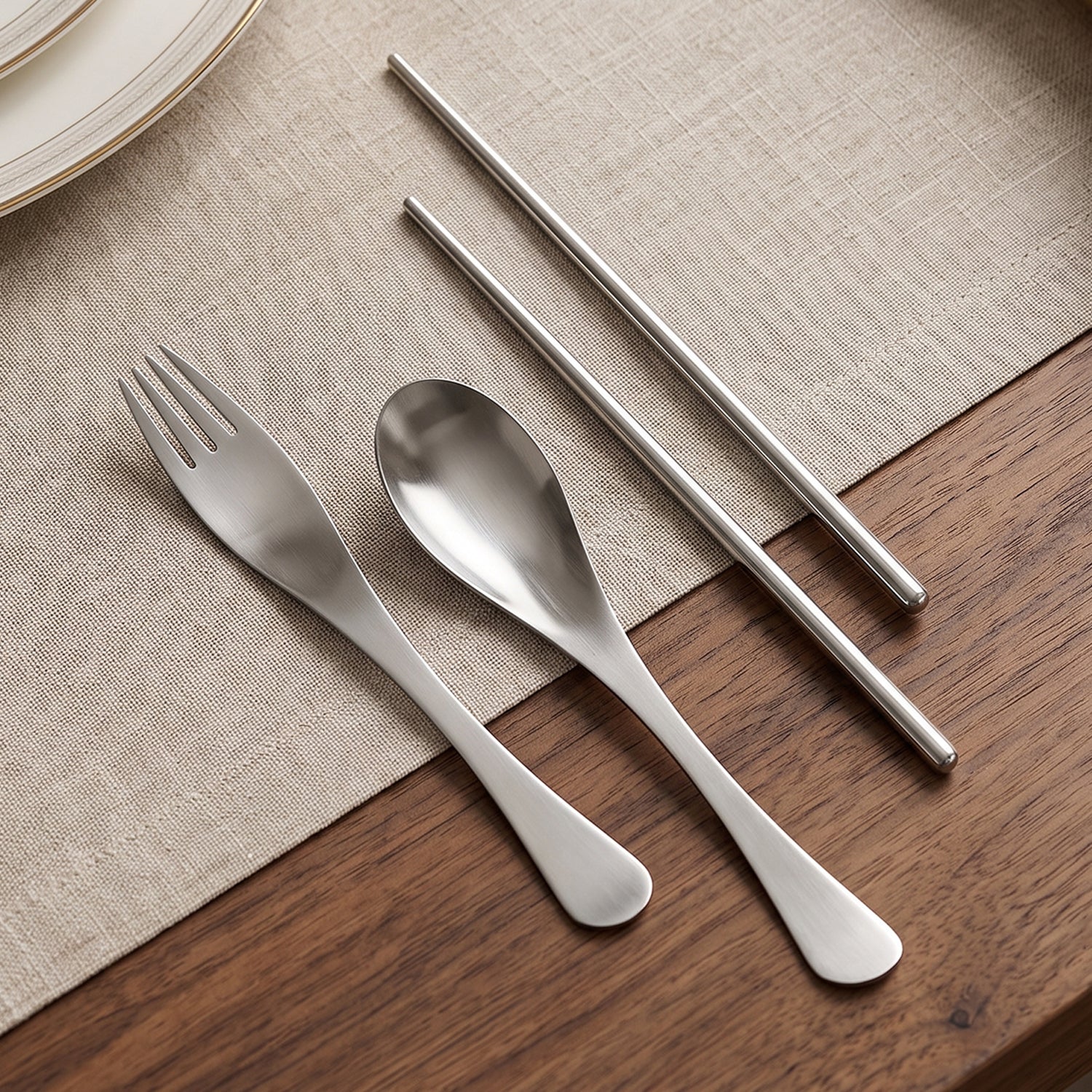 4-in-1 Portable Cutlery Set with Pouch, Steel Spoon Fork and Chopsticks (1 Set)