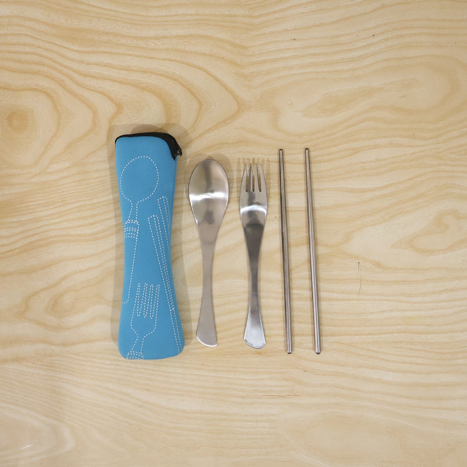 4-in-1 Portable Cutlery Set with Pouch, Steel Spoon Fork and Chopsticks (1 Set)