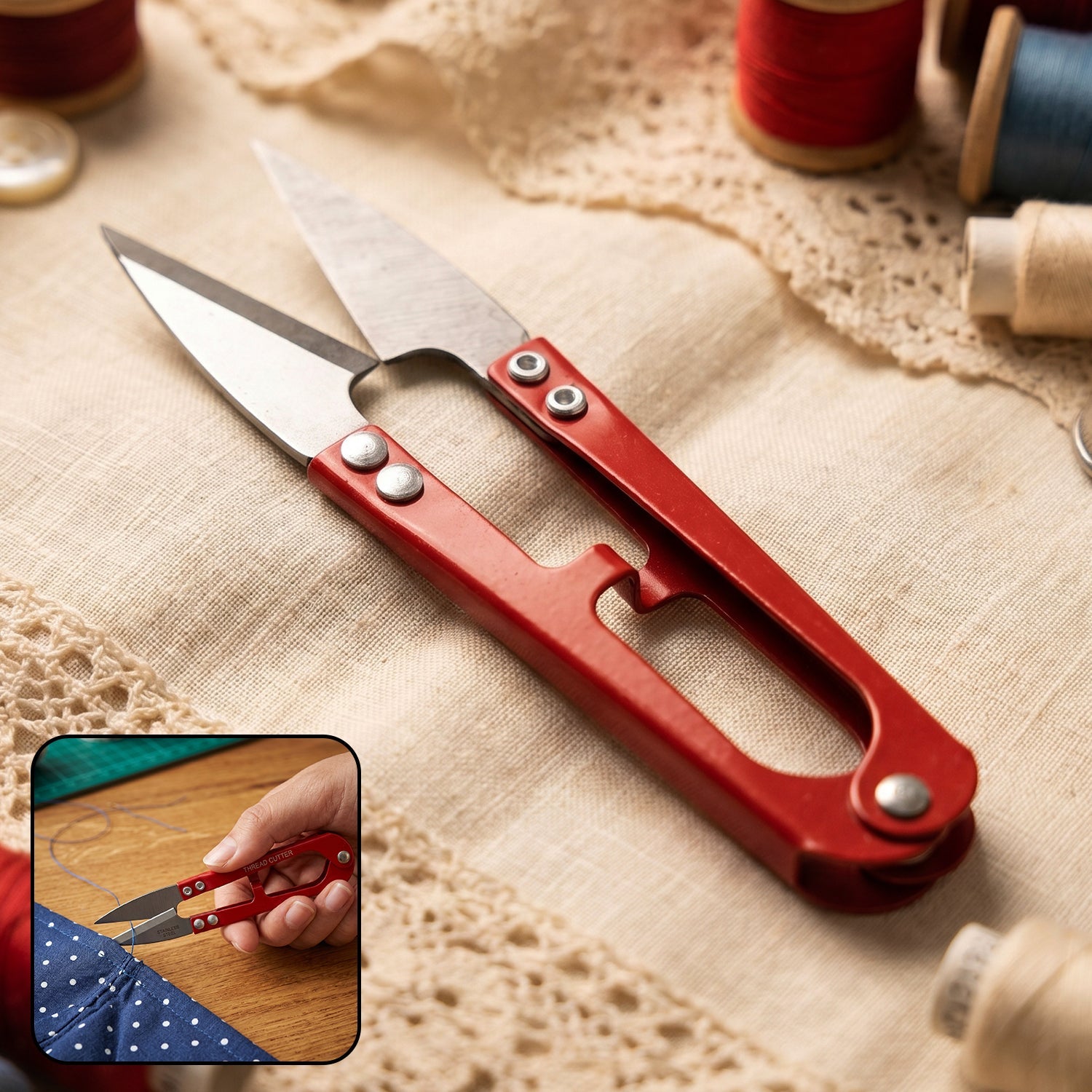 Thread cutter snip scissors with sharp pointed blades