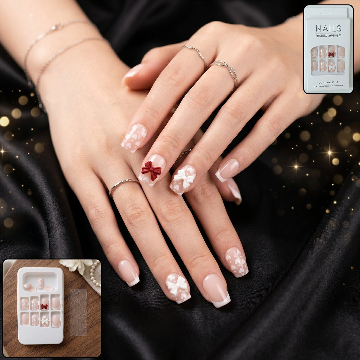 A woman's hand showcasing beautiful glitter 3D floral press-on nail tips with a detailed thumb design.