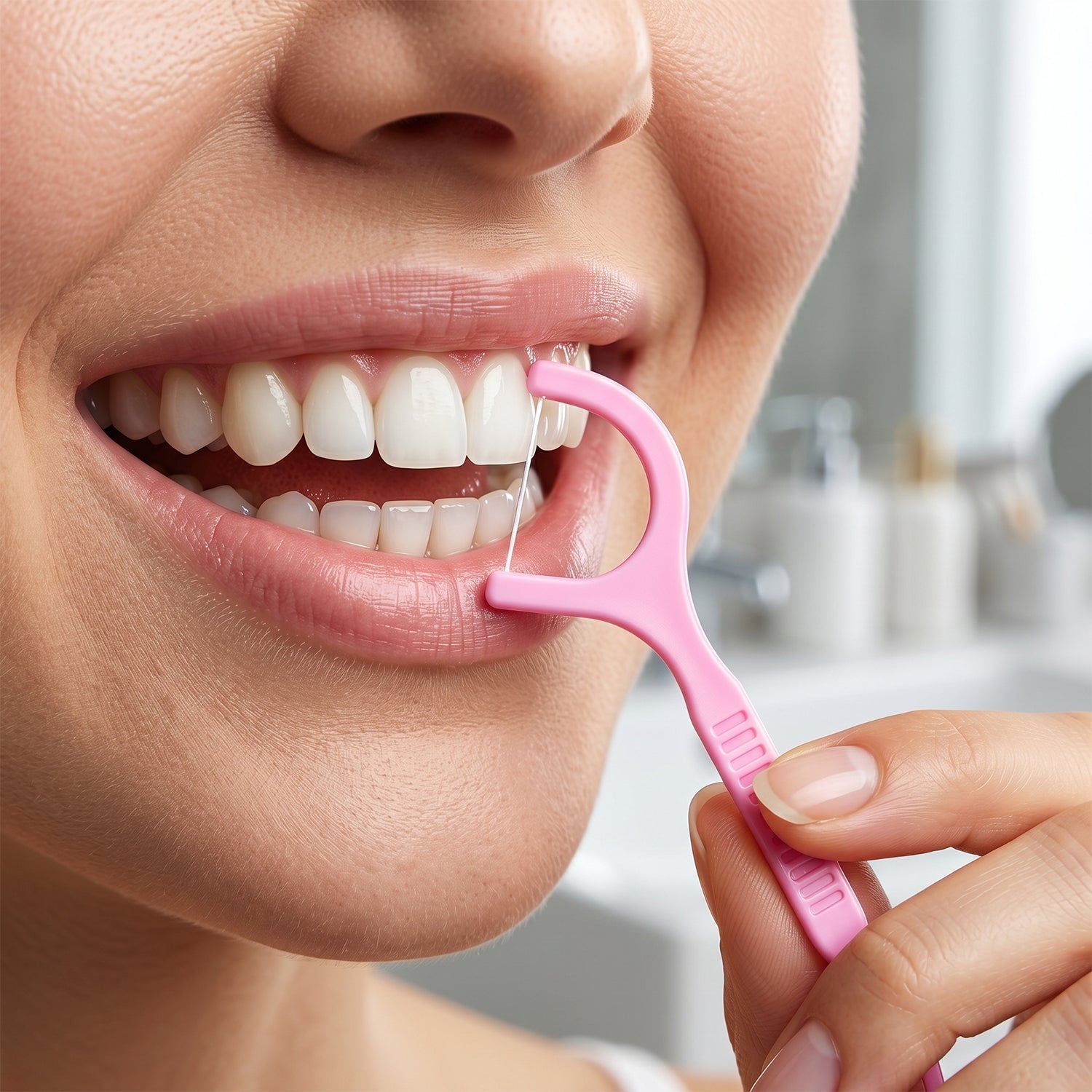 Close-up of flossing with interdental pick to remove food between teeth