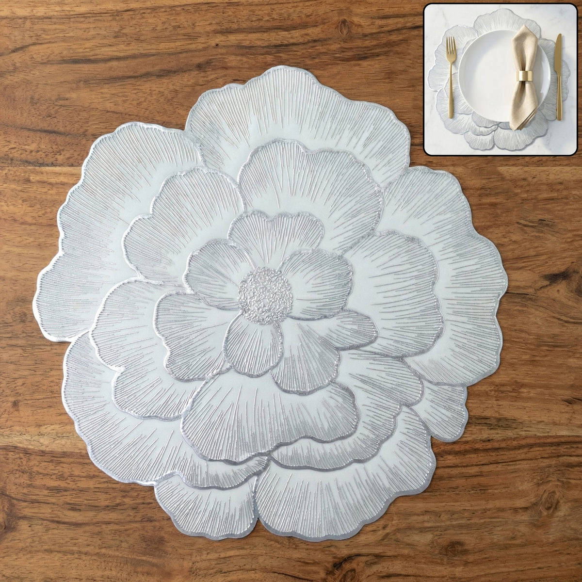 Round floral design PVC table mat on table