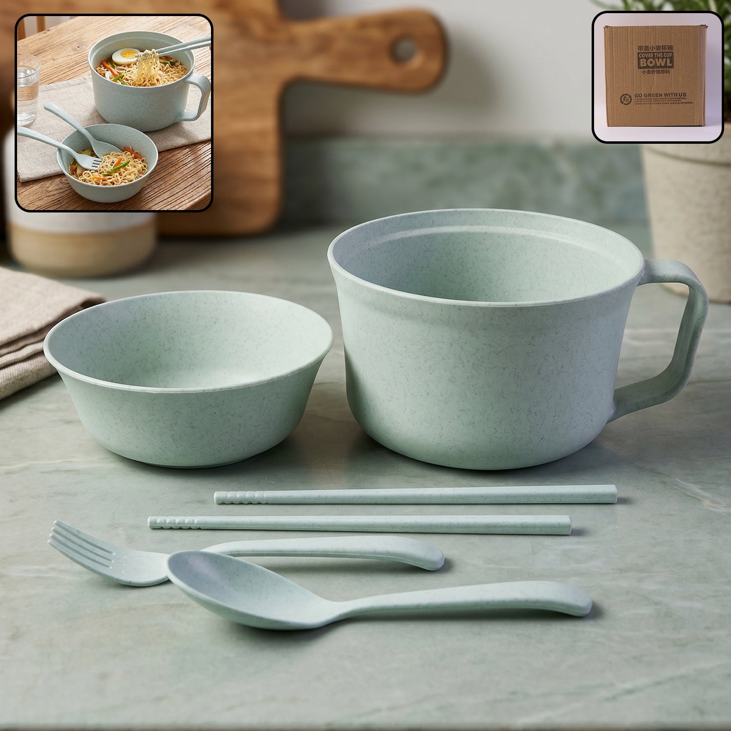 Wheat straw dinnerware set with bowl, spoon, and chopsticks for eco-friendly dining