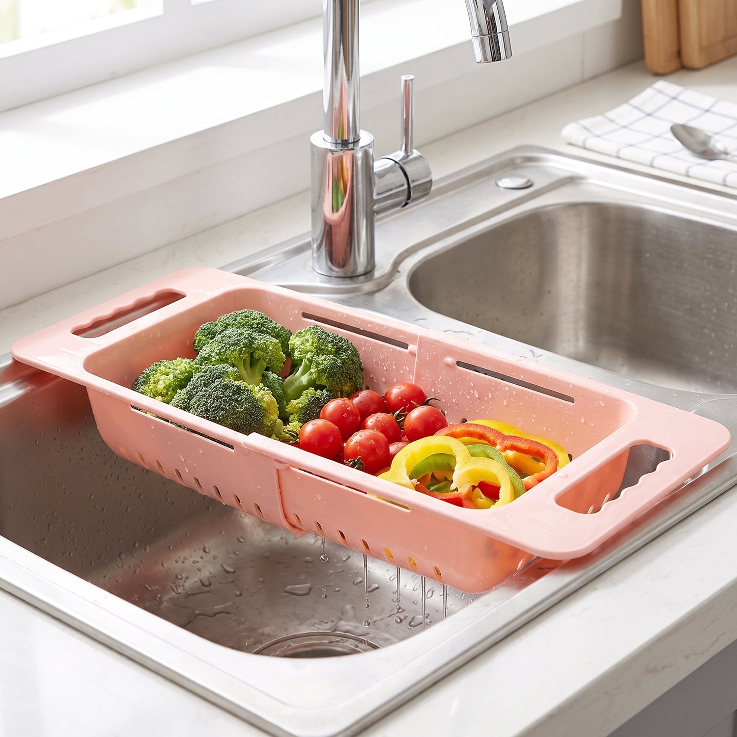 Adjustable Plastic Over the Sink Drain Basket Colander with Handles (1 Pc)