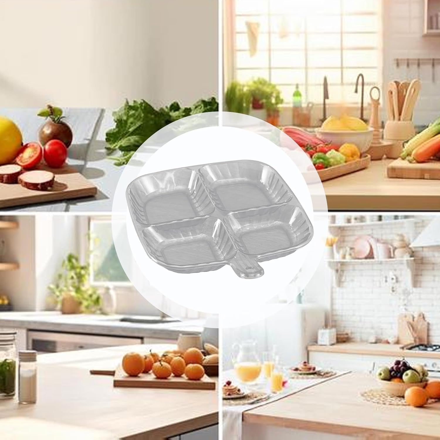 Clear plastic 4-section serving tray angled view