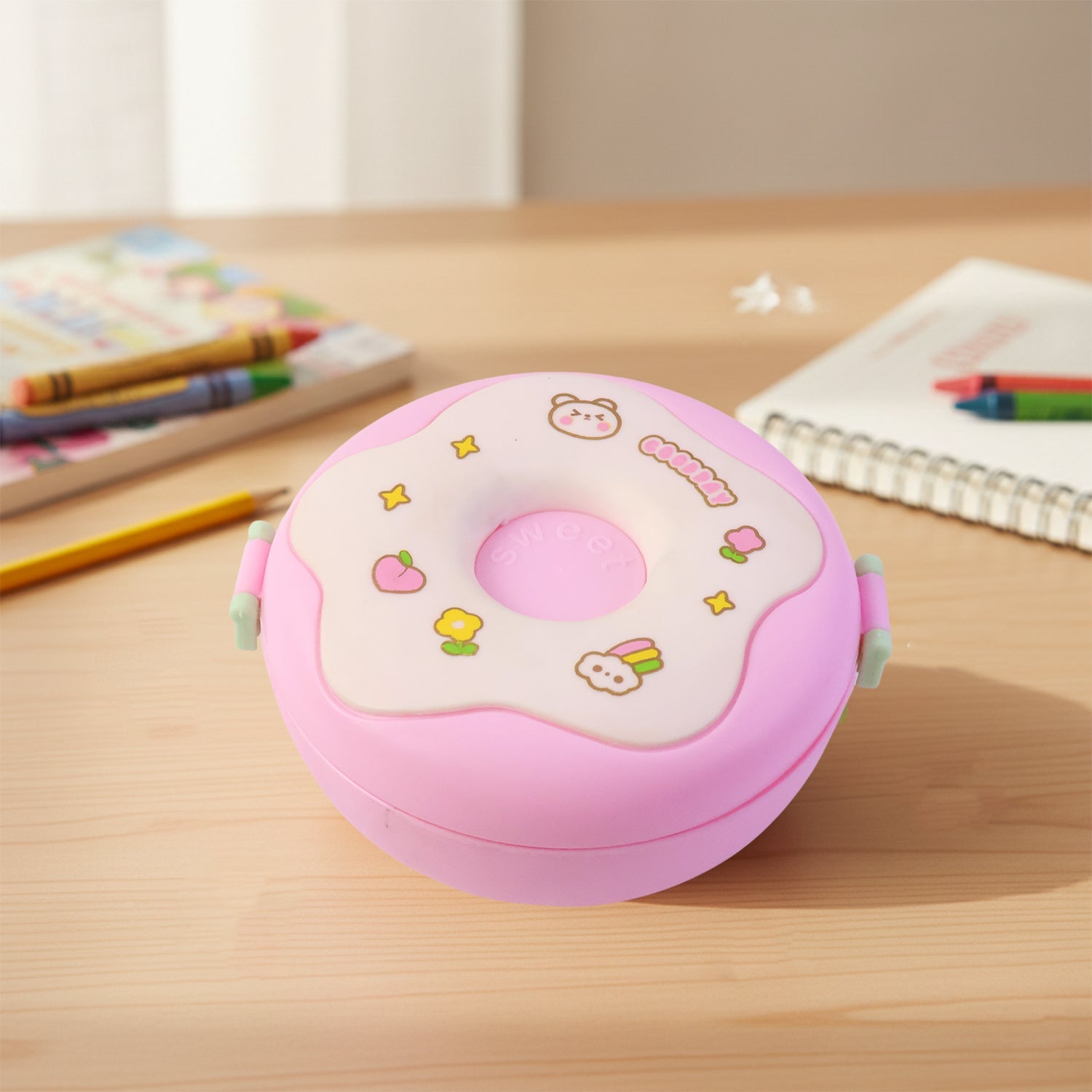 Side view of colorful Donut Lunch Box, showing depth