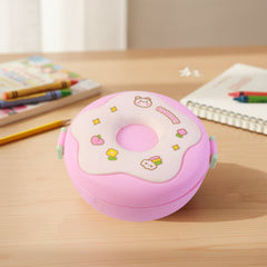Side view of colorful Donut Lunch Box, showing depth