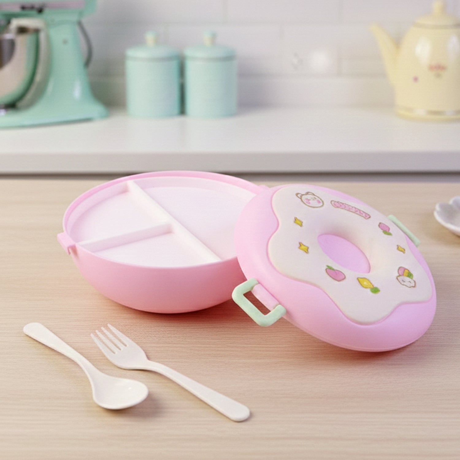 Donut Lunch Box with lid open, revealing three food compartments