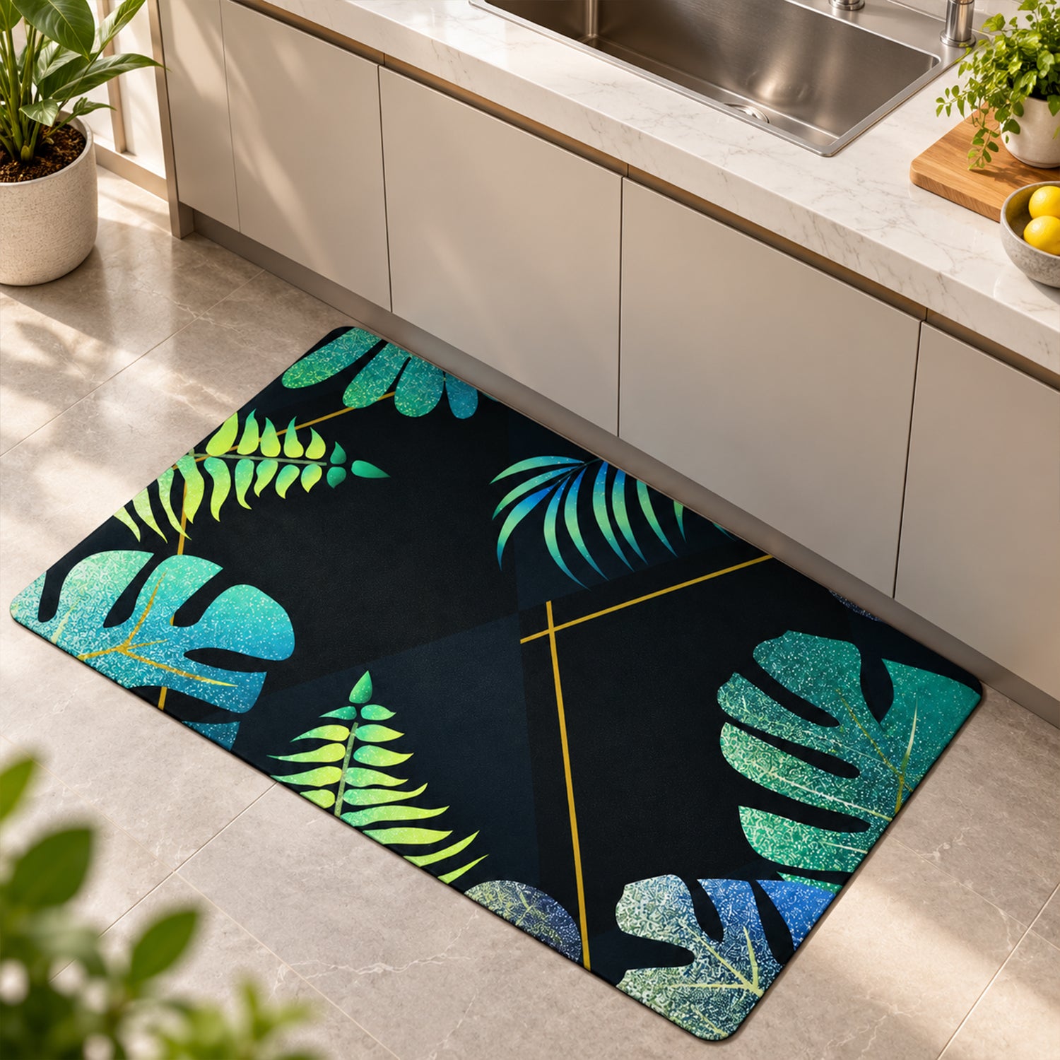 A black mat with green and blue leaf patterns placed on a tiled kitchen floor near white cabinets.