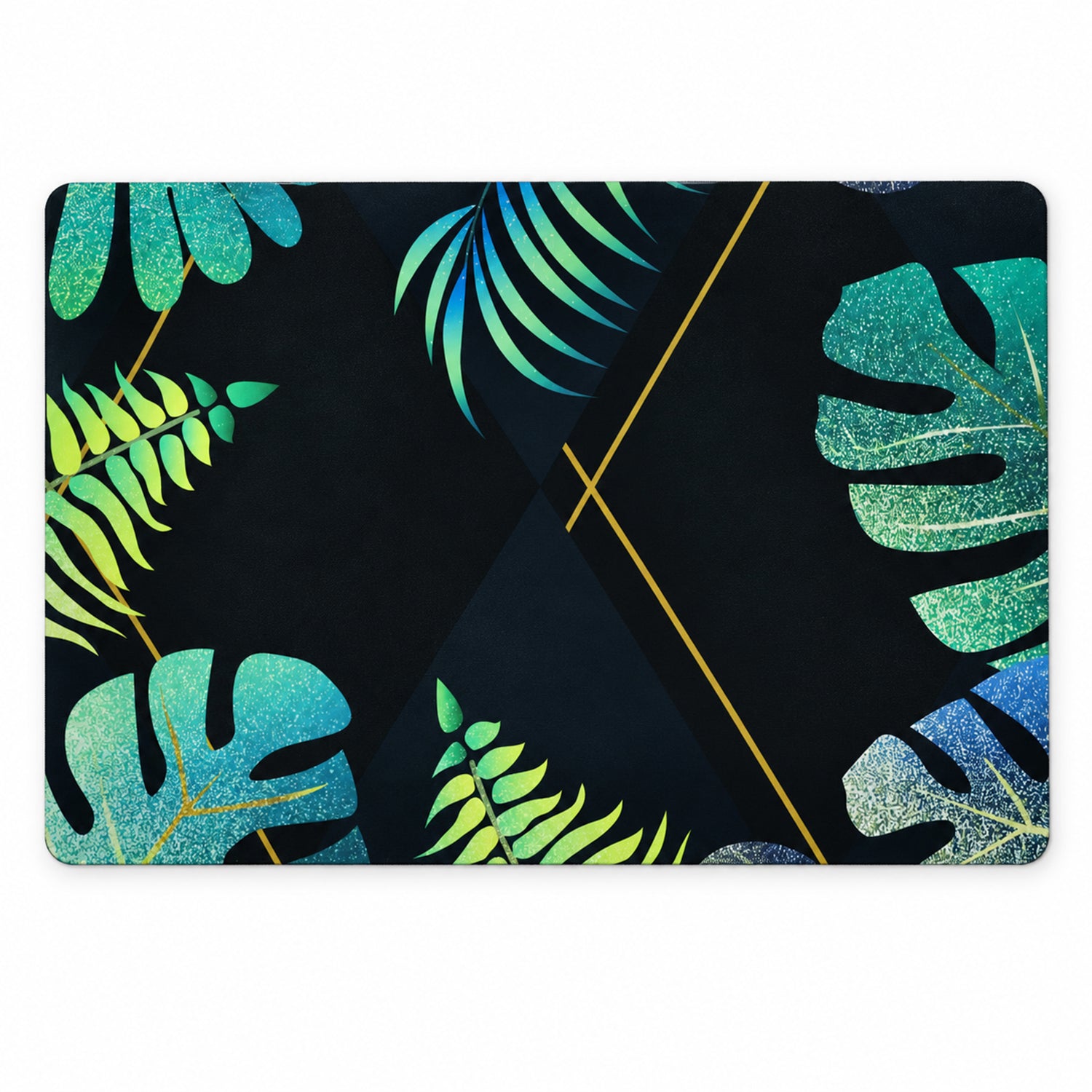 Overhead view of a black mat featuring various green and blue tropical leaf designs with gold lines.