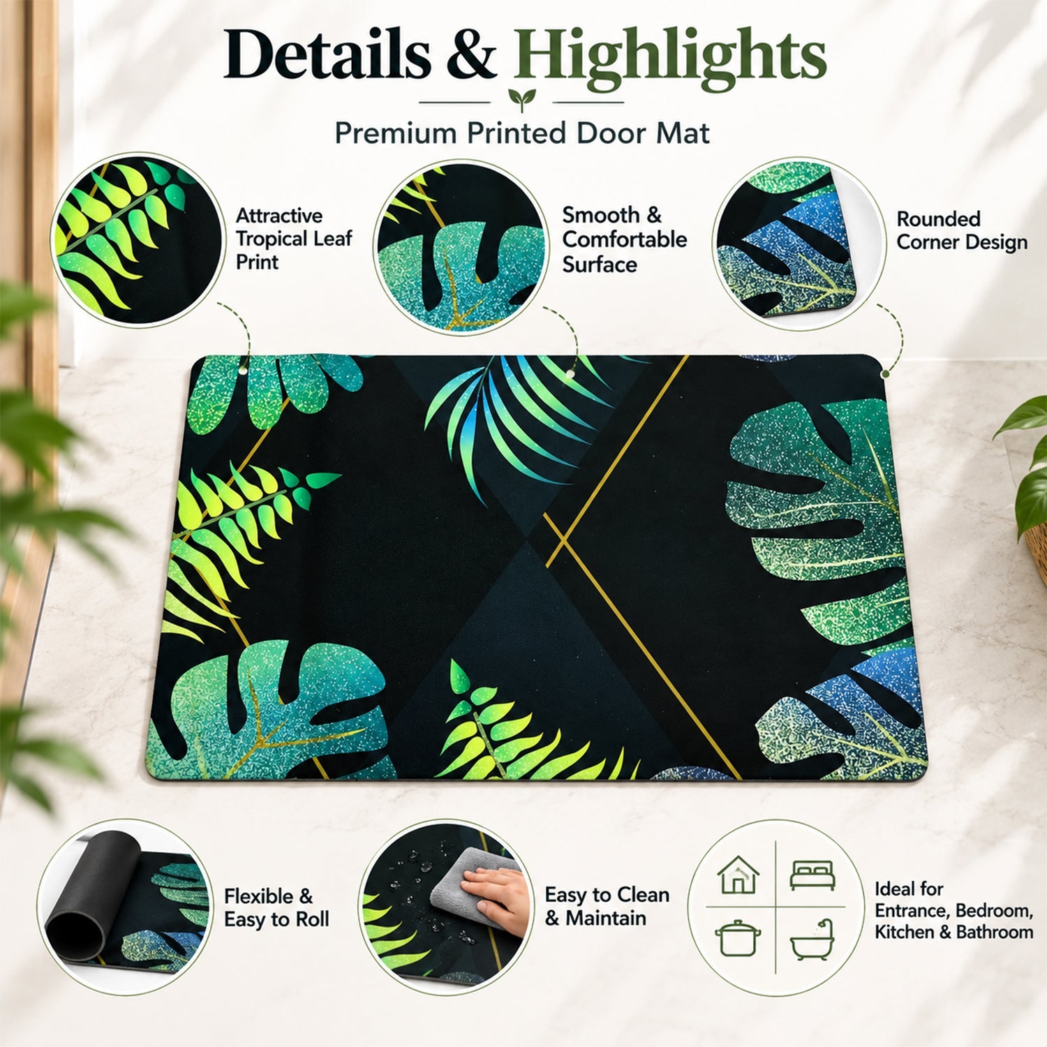A black mat with green and blue tropical leaf patterns, highlighting its features and suggested uses.
