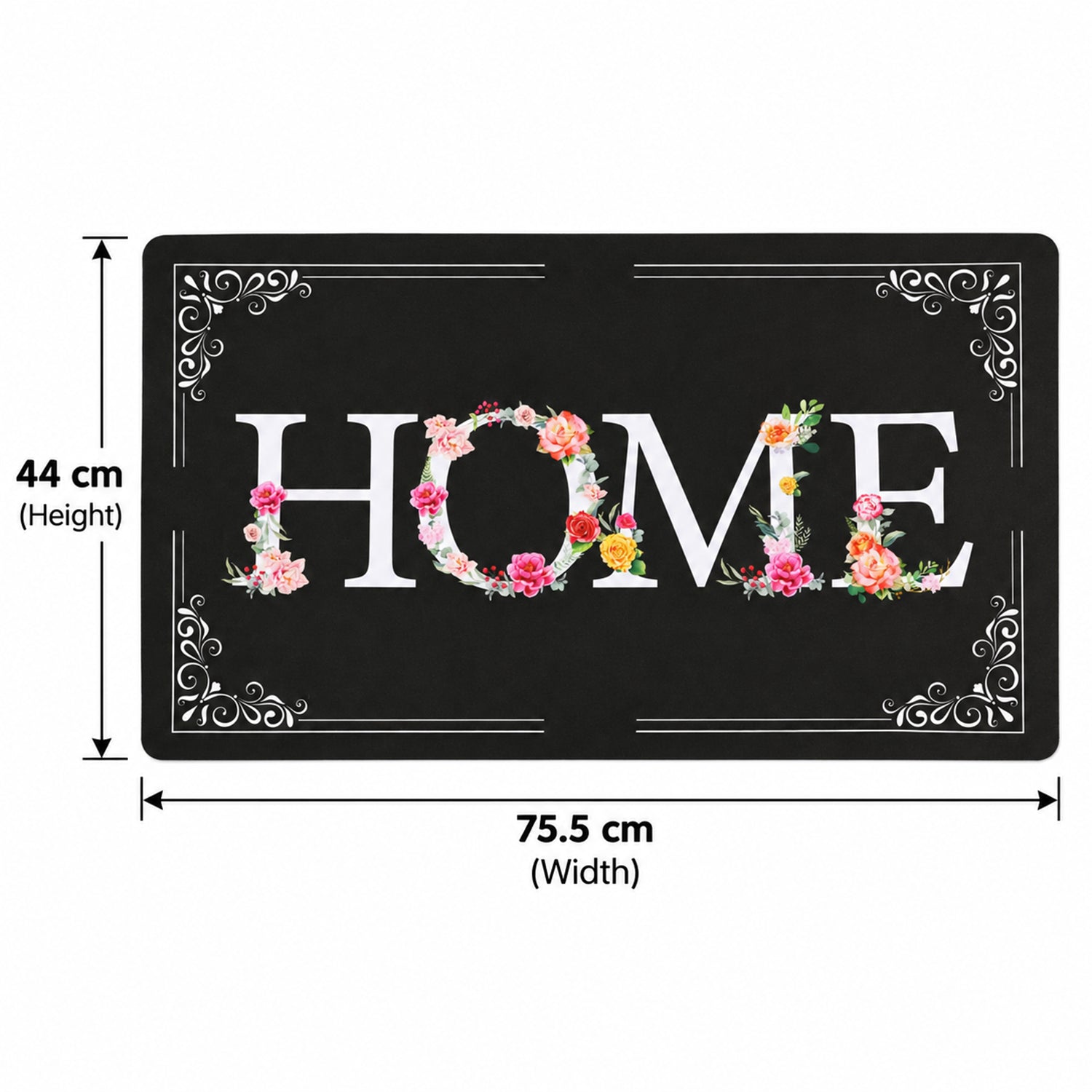 A black rectangular mat with a white and floral HOME design, showing dimensions of 75.5 cm width and 44 cm height.