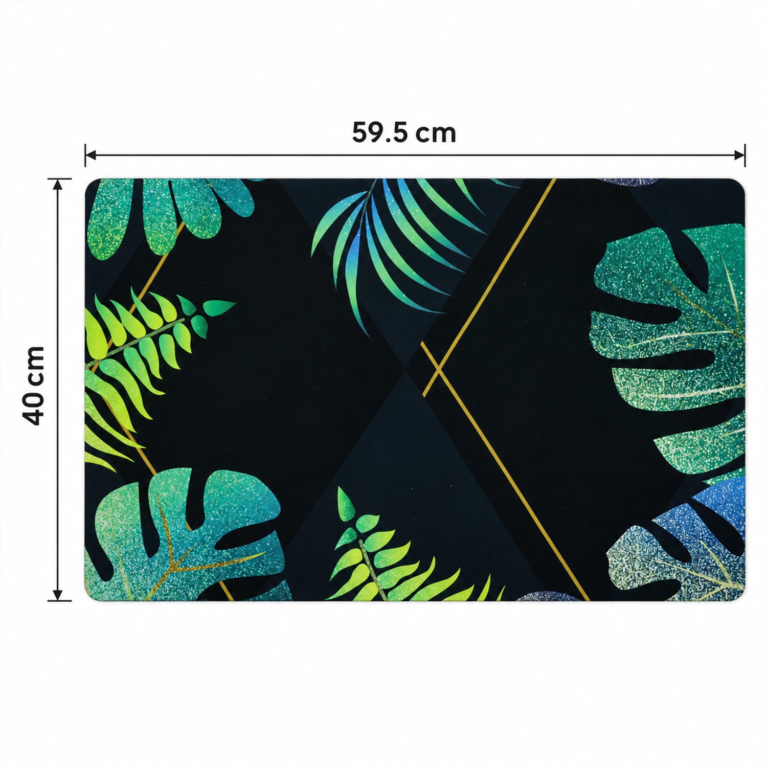 A black mat with green and blue tropical leaf patterns, showing dimensions of 59.5 cm by 40 cm.