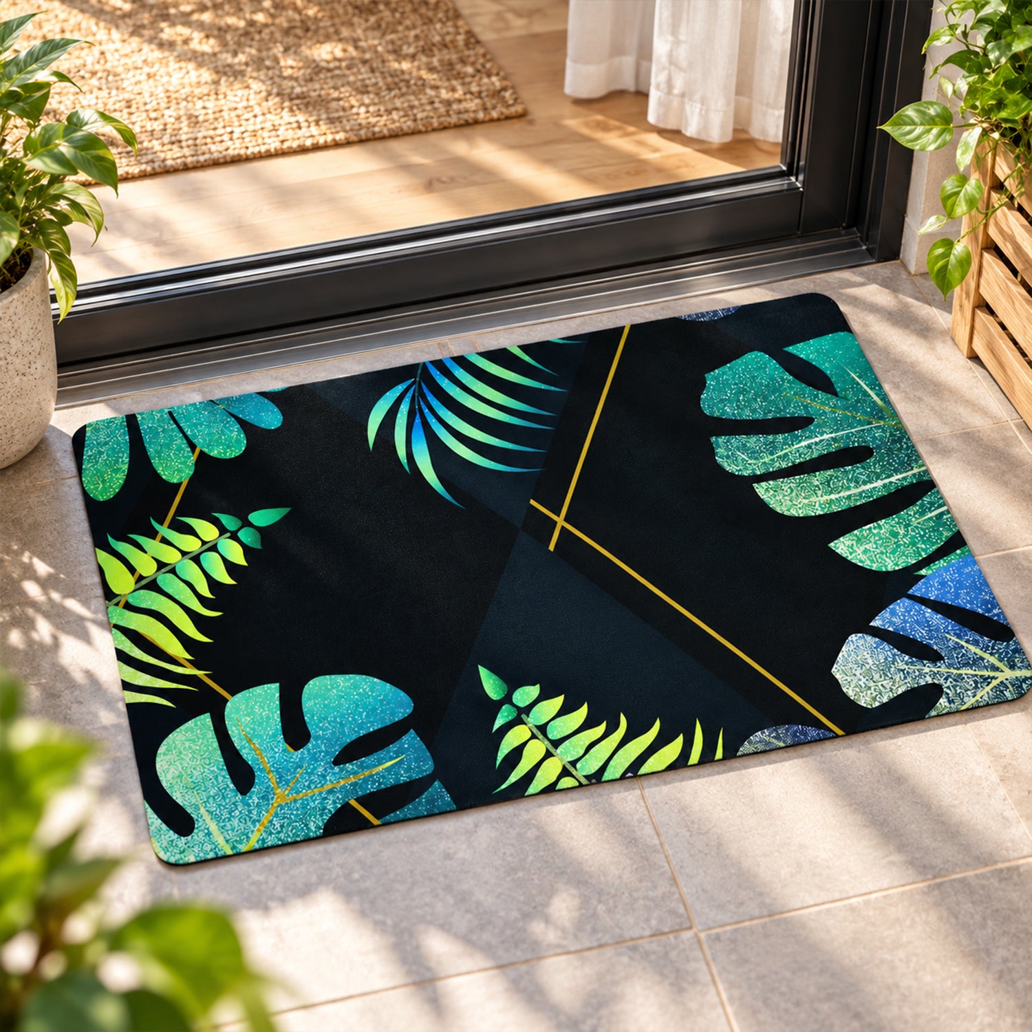 A black mat with green and blue tropical leaf designs sits on a patio floor near an open glass door.