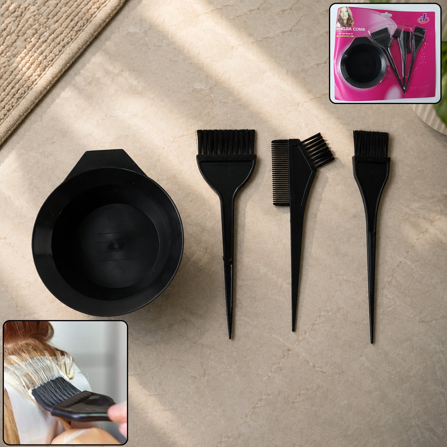 Hair coloring kit with mixing bowl, applicator brushes and comb for salon and home use