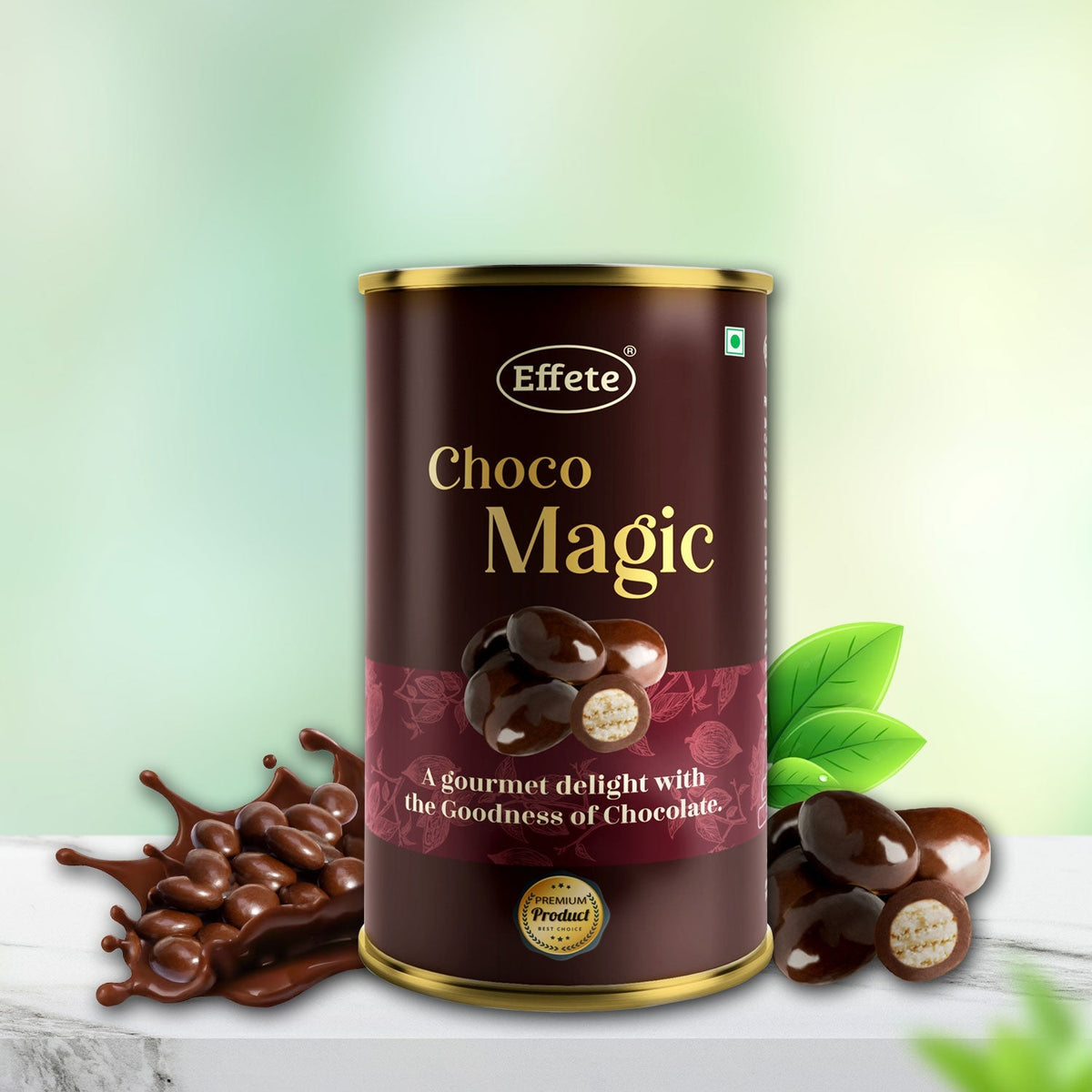 Brown cylindrical tin of Effete Choco Magic with chocolate-covered nuts and green leaves on a white surface.