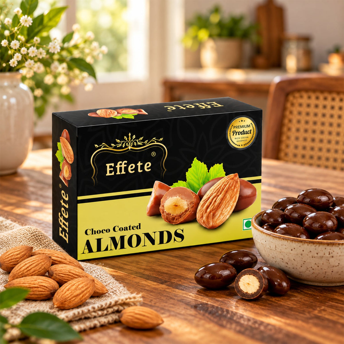A black and yellow box of Effete Choco Coated Almonds sits on a wooden table with loose almonds and a bowl of chocolate
