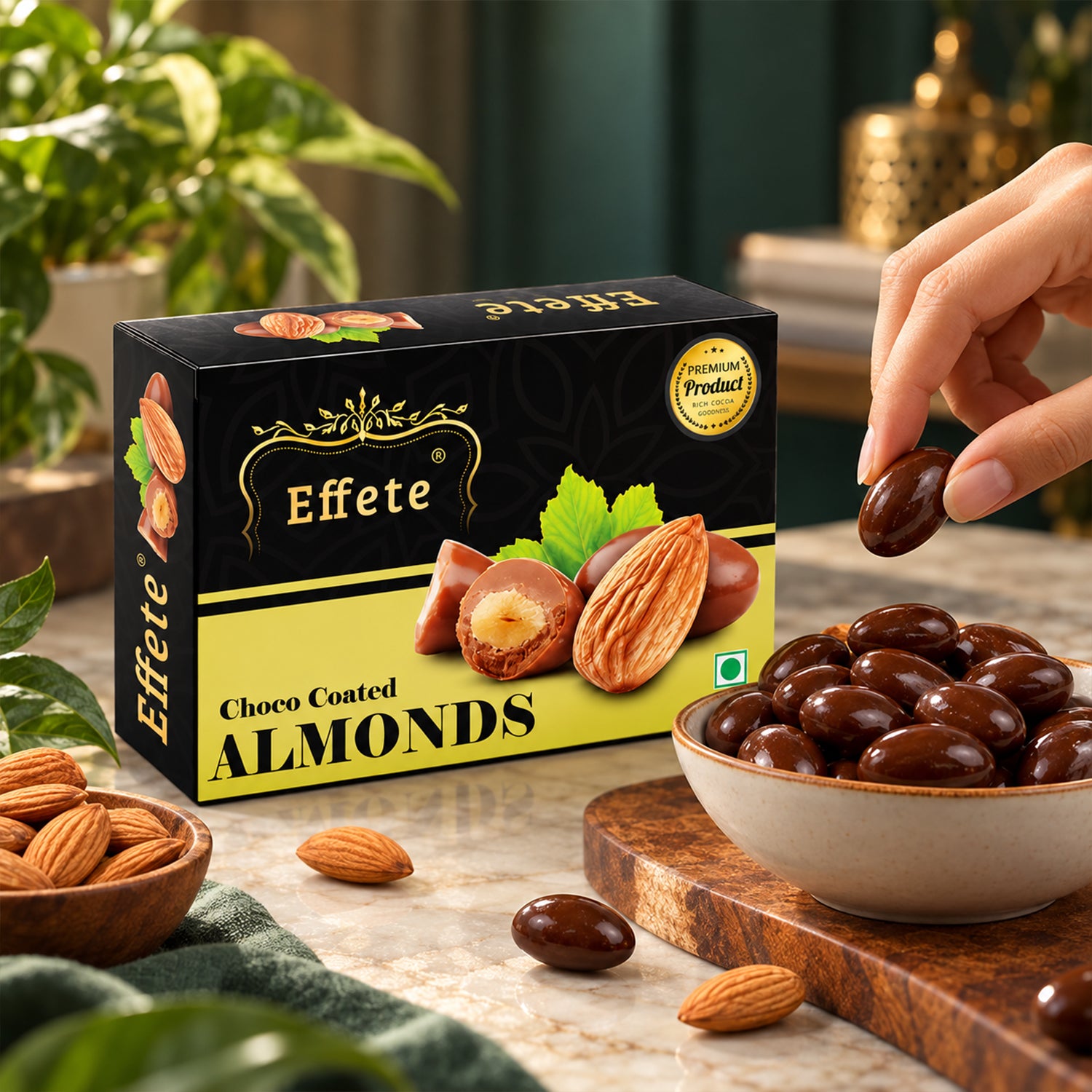 A black and yellow box of Effete Choco Coated Almonds sits on a wooden table with loose almonds and a bowl of â€“ view 5
