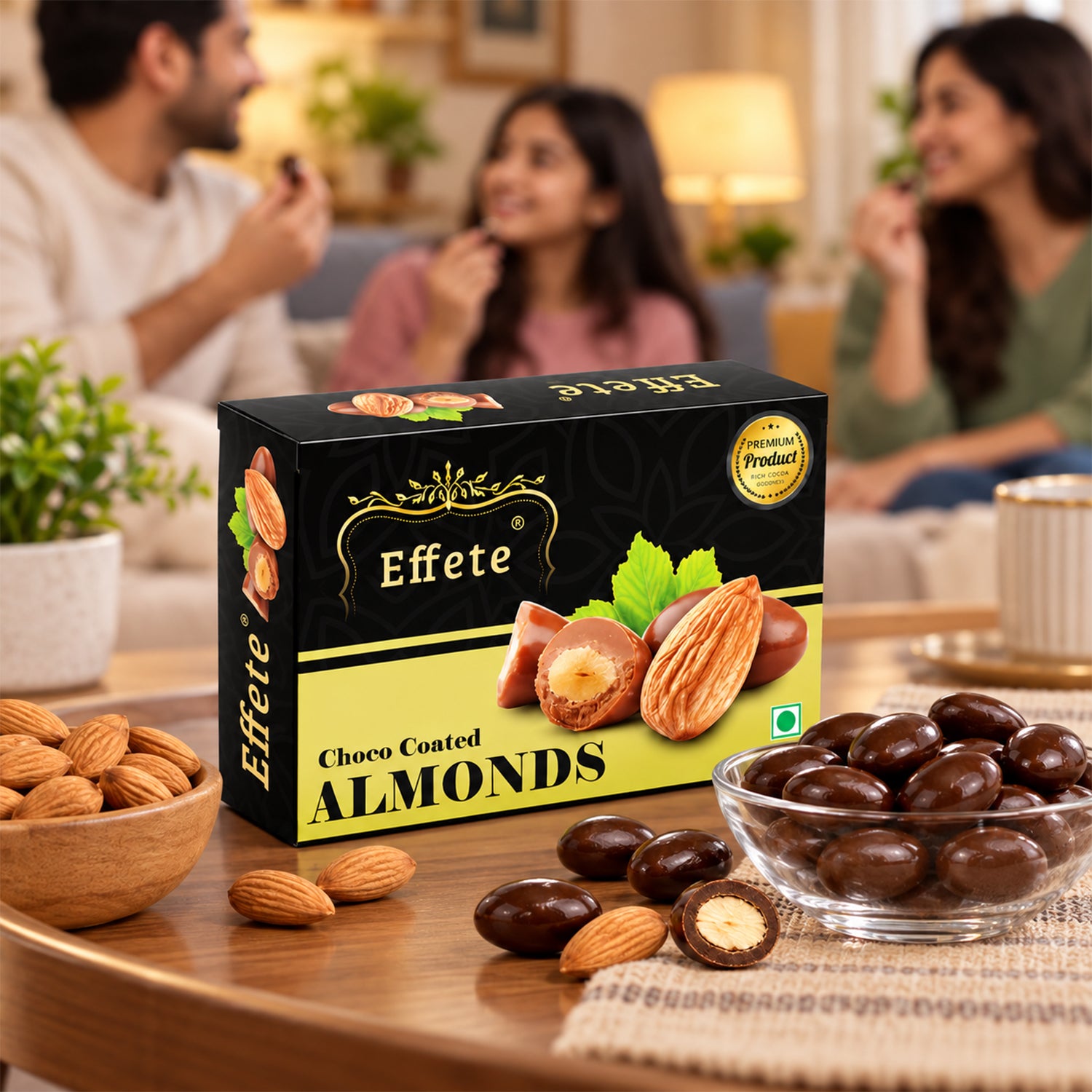 A black and yellow box of Effete Choco Coated Almonds sits on a wooden table with loose almonds and a bowl of â€“ view 4