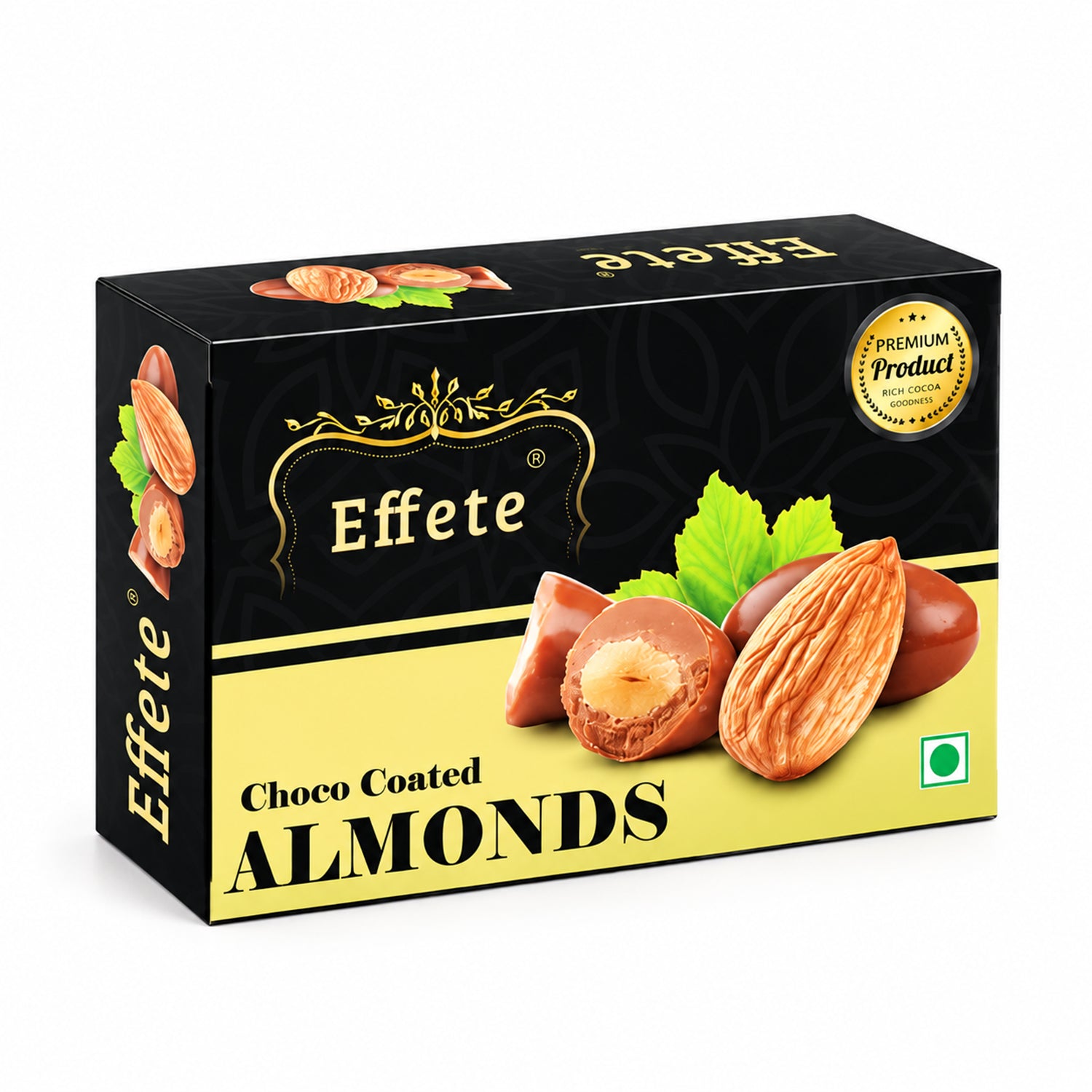 A black and yellow box of Effete Choco Coated Almonds is centered on a white background.