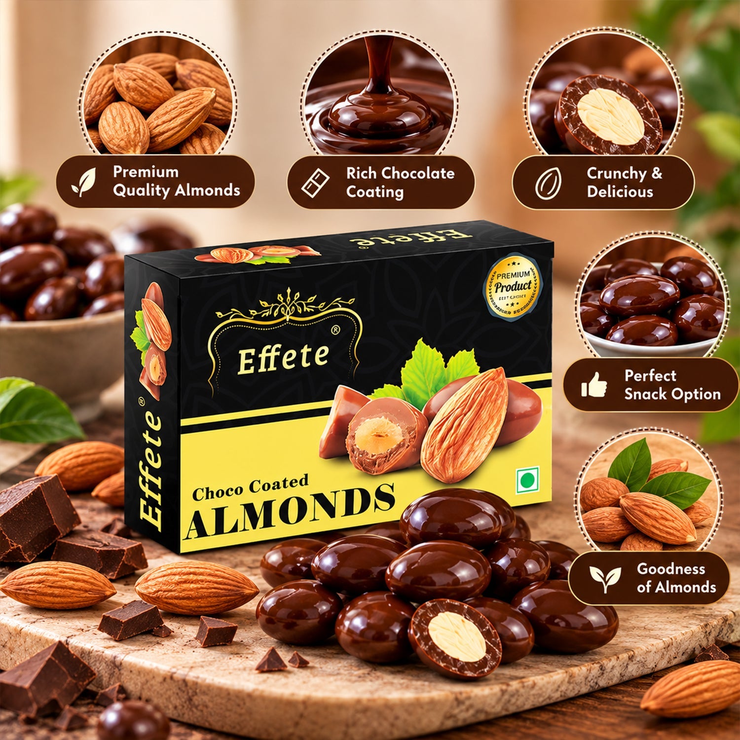 A black and yellow box of Effete Choco Coated Almonds sits on a wooden table with loose almonds and a bowl of â€“ view 7