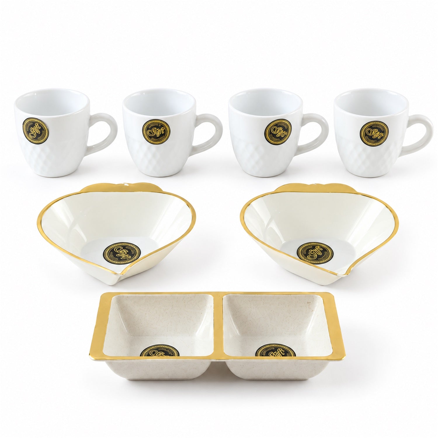 Ceramic Tea Mugs and Heart Shaped Snack Bowls Serving Gift Set (8 In 1)