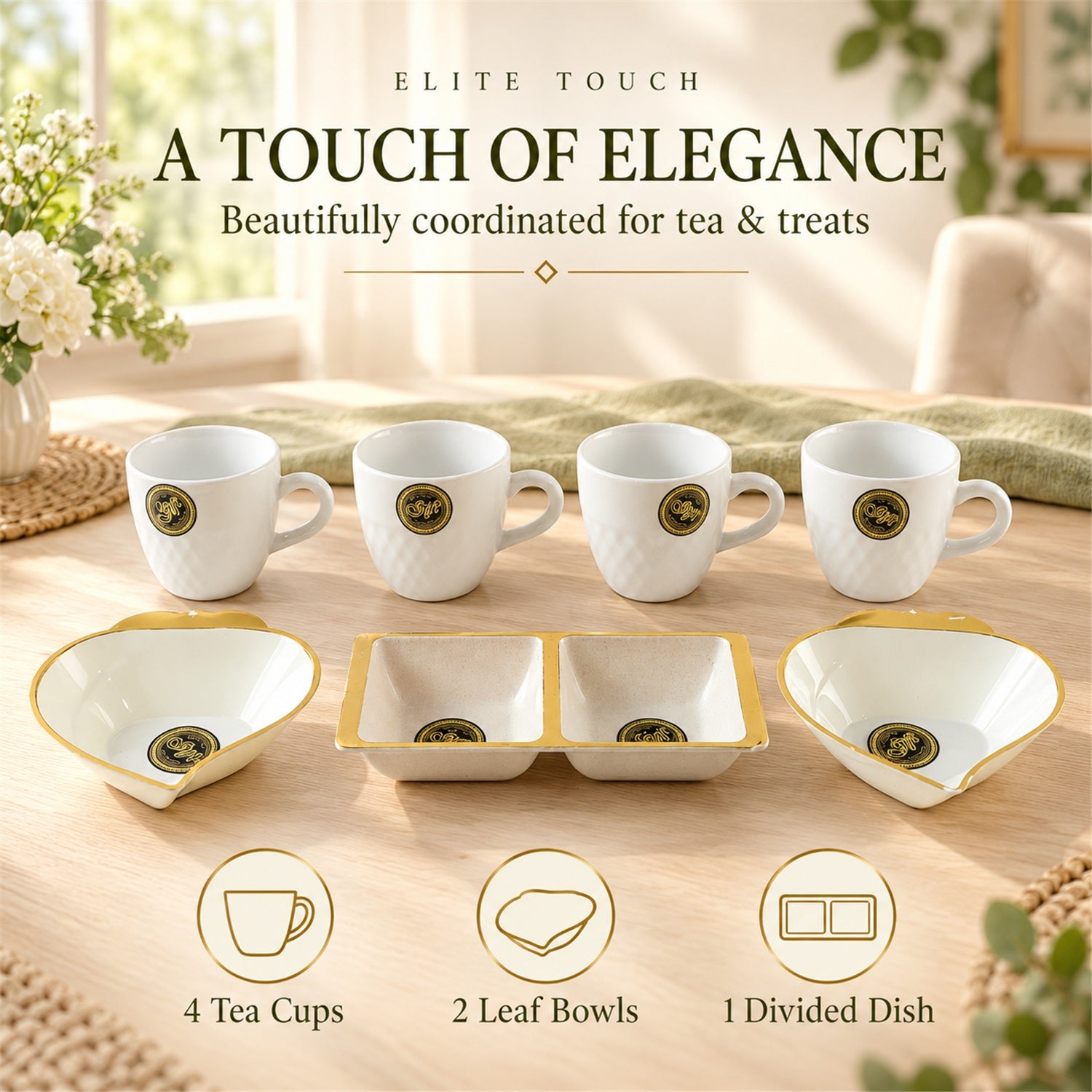 Ceramic Tea Mugs and Heart Shaped Snack Bowls Serving Gift Set (8 In 1)