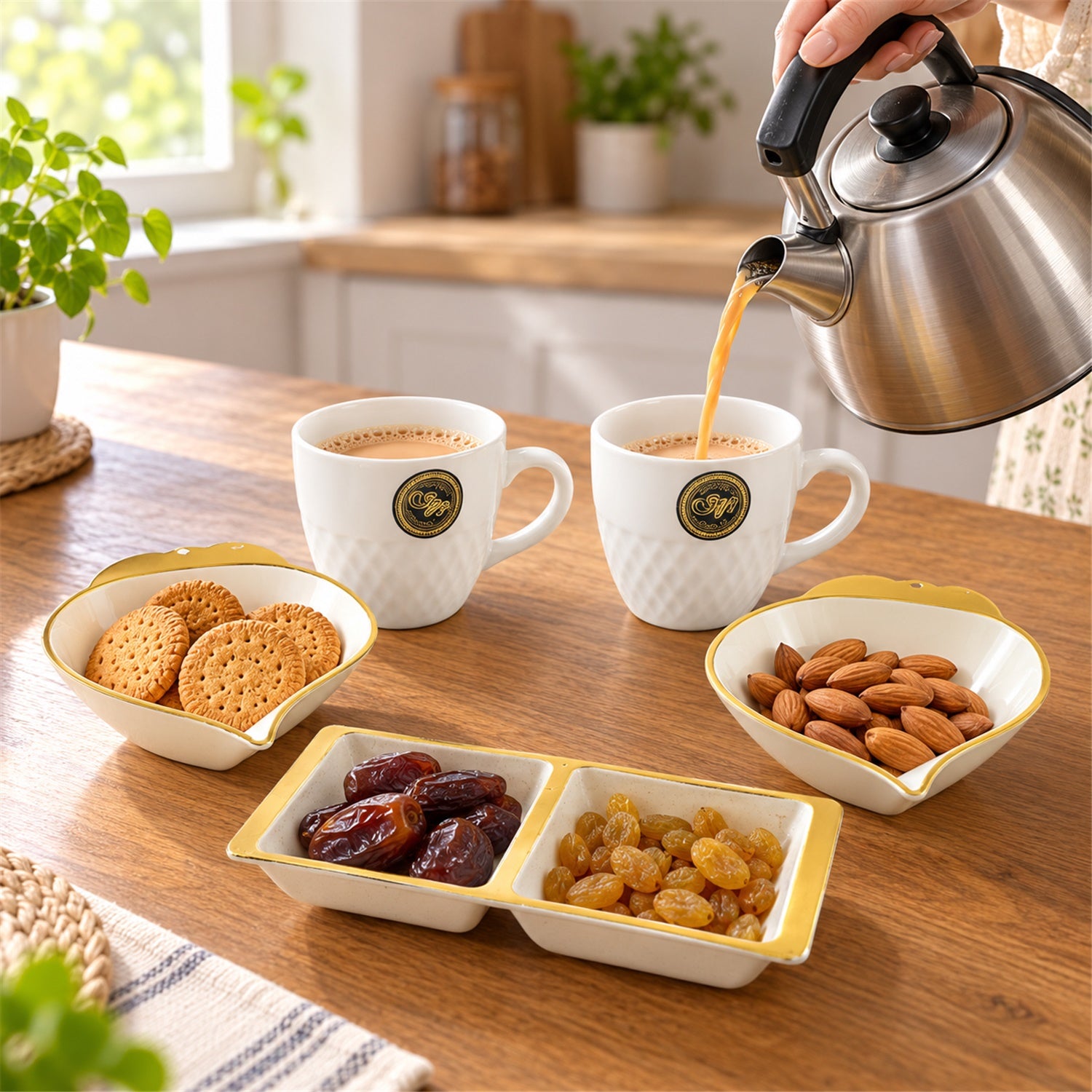 Ceramic Tea Mugs and Heart Shaped Snack Bowls Serving Gift Set (8 In 1)