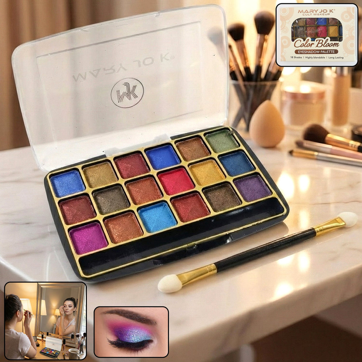Premium 18-color shimmer eyeshadow palette closed in compact case
