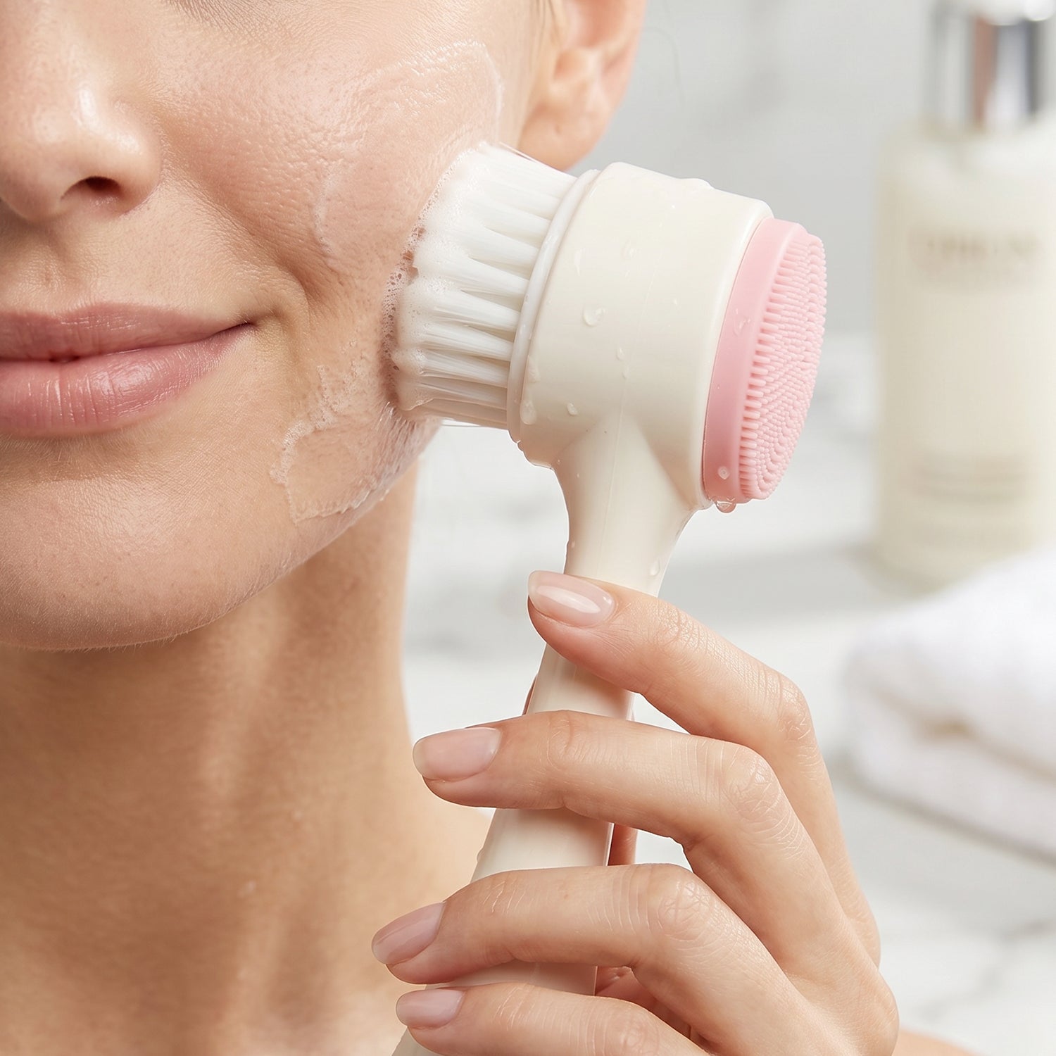 Detail of soft bristle side of facial cleansing brush for exfoliation
